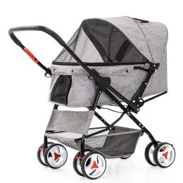 Four Wheel Folding Pet Stroller, Dog Jogger Travel Cats Carrier Adjustable Canopy Storage Brake Mesh Window - gray