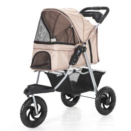 Three Wheel Folding Pet Stroller, Dog Jogger Travel Cats Carrier Adjustable Canopy Storage Brake Mesh Window - beige