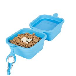 Silicone Collapsible Pet Bowl Double Portable Travel Bowl Equipped with Aluminum Hook Clip - blue