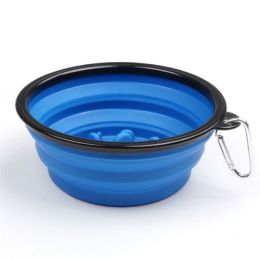 Portable Pet Feeder Travel Foldable Pet Dog Bowl Silicone Collapsible Slow 350ml/1000ml Feeding Bowl  - Blue - Diameter 13 cm