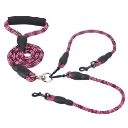 Double Dogs Leash No-Tangle Dogs Lead Reflective Dogs Walking Leash w/ Swivel Coupler Padded Handle - RoseRed