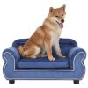 27" Pet Sofa, Dog sofa, Dog bed, Cat Sofa, Cat Bed, Wooden Frame And Velvet with Buttons And Beige Rope Lines, 4 Black Sturdy Plastic Sofa Feet - Blue