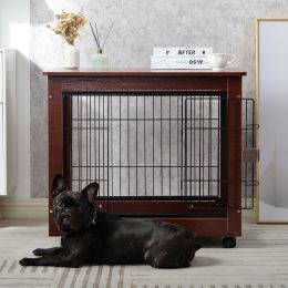 31' Length Furniture Style Pet Dog Crate Cage End Table with Wooden Structure and Iron Wire and Lockable Caters, Medium Dog House Indoor Use. - Brown