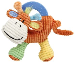 Pet Life 'Moo-cifier' Plush Squeaking and Rubber Teething Newborn Puppy Dog Toy - Orange / Green / Yellow