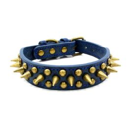 Pet Retro Studded Spiked Rivet  Leather Collars Harnesses - Blue - M