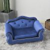 27" Pet Sofa, Dog sofa, Dog bed, Cat Sofa, Cat Bed, Wooden Frame And Velvet with Buttons And Beige Rope Lines, 4 Black Sturdy Plastic Sofa Feet - Blue