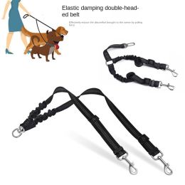 Dog Double Leashes - No Tangle Dog Leash Coupler; Comfortable Shock Absorbing Reflective Bungee Lead for Nighttime Safety - Car use (black)