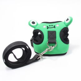 dog harness set; with leas frog leash pet mesh breathable small dog chest back retractable dog leash pet harness - Green frog+traction rope - S