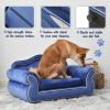 27" Pet Sofa, Dog sofa, Dog bed, Cat Sofa, Cat Bed, Wooden Frame And Velvet with Buttons And Beige Rope Lines, 4 Black Sturdy Plastic Sofa Feet - Blue