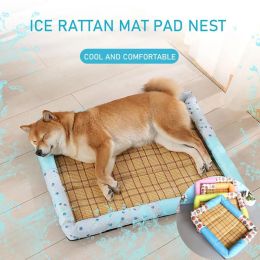 Breathable Pet Puppy Cooling Mat Bed Summer Protection Cervical Spine Cat Dog Ice Mat Square Rattan Kennel Supplies - blue - 50cm*40cm*7cm