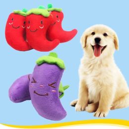 Cute Plush Animal Shape Squeak Sound Pet Cat Dog Toys Funny Durable Chew Molar Toys Fit For All Pets Eggplant Chili Fleece Toy - as the picture