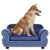 27" Pet Sofa, Dog sofa, Dog bed, Cat Sofa, Cat Bed, Wooden Frame And Velvet with Buttons And Beige Rope Lines, 4 Black Sturdy Plastic Sofa Feet - Blue