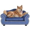 27" Pet Sofa, Dog sofa, Dog bed, Cat Sofa, Cat Bed, Wooden Frame And Velvet with Buttons And Beige Rope Lines, 4 Black Sturdy Plastic Sofa Feet - Blue