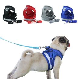 Summer Strap-style Dog Leash Adjustable Reflective Vest Walking Lead for Puppy Polyester Mesh Harness Small Dog Collars - blue - XS